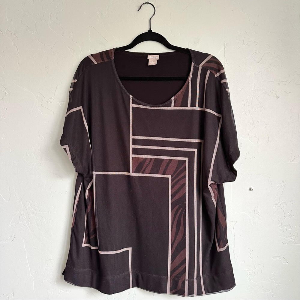 Chico's Women’s Black Brown Cheetah‎ Block Mesh Knit Top Short Sleeve Size XL